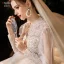 Viktorianischer Stil Ivory / Creme Durchsichtige Hochzeits Brautkleider / Hochzeitskleider 2021 Ballkleid Stehkragen Geschwollenes Lange Ärmel Rückenfreies Perlenstickerei Perle Pailletten Glanz Tülle Kathedrale Schleppe Rüschen