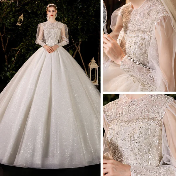 Viktorianischer Stil Ivory / Creme Durchsichtige Hochzeits Brautkleider / Hochzeitskleider 2021 Ballkleid Stehkragen Geschwollenes Lange Ärmel Rückenfreies Perlenstickerei Perle Pailletten Glanz Tülle Kathedrale Schleppe Rüschen