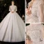 Viktorianischer Stil Ivory / Creme Durchsichtige Hochzeits Brautkleider / Hochzeitskleider 2021 Ballkleid Stehkragen Geschwollenes Lange Ärmel Rückenfreies Perlenstickerei Perle Pailletten Glanz Tülle Kathedrale Schleppe Rüschen