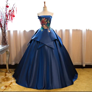 Vintage Retro Royal Blue Satin Dancing Prom Dresses 2021 Ball Gown Strapless Sleeveless Appliques Embroidered Floor Length Long Ruffle Backless Formal Dresses