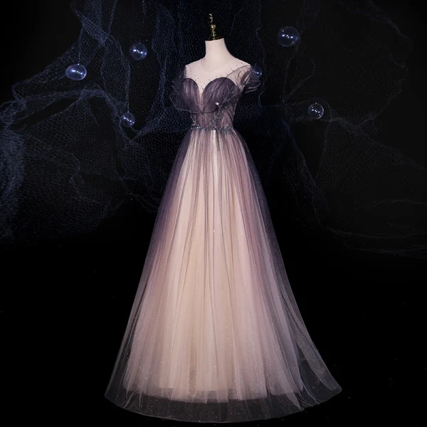 Illusion Druva Genomskinliga Dansande Balklänningar 2021 Prinsessa Urringning Ärmlös Beading Paljetter Glittriga / Glitter Tyll Långa Ruffle Halterneck