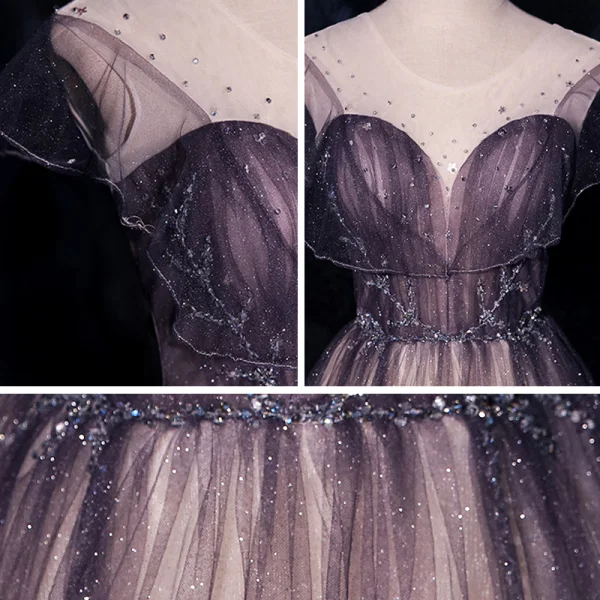 Illusion Druva Genomskinliga Dansande Balklänningar 2021 Prinsessa Urringning Ärmlös Beading Paljetter Glittriga / Glitter Tyll Långa Ruffle Halterneck
