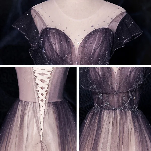 Illusion Druva Genomskinliga Dansande Balklänningar 2021 Prinsessa Urringning Ärmlös Beading Paljetter Glittriga / Glitter Tyll Långa Ruffle Halterneck