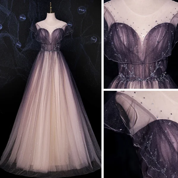 Illusion Druva Genomskinliga Dansande Balklänningar 2021 Prinsessa Urringning Ärmlös Beading Paljetter Glittriga / Glitter Tyll Långa Ruffle Halterneck