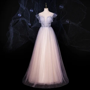 Sjarmerende Lavendel Gradient Farge Rødmende Rosa Dancing Ballkjoler 2021 Prinsesse Gjennomsiktig Scoop Halsen Uten Ermer Beading Glitter Tyll Lange Buste Ryggløse Formelle Kjoler