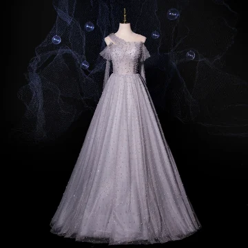 Fashion Grey Dancing Prom Dresses 2021 A Line Princess See Through One Shoulder Short Sleeve Beading Pearl Glitter Tulle Floor Length Long Ruffle Backless Formal Dresses