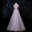 Fashion Grey Dancing Prom Dresses 2021 A-Line / Princess See-through One-Shoulder Short Sleeve Beading Pearl Glitter Tulle Floor-Length / Long Ruffle Backless Formal Dresses