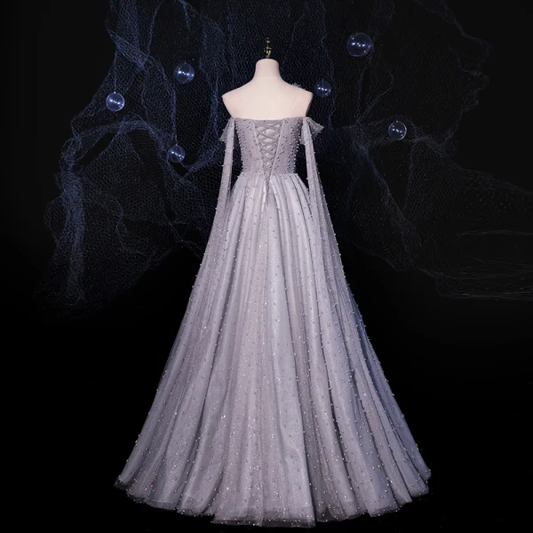 Fashion Grey Dancing Prom Dresses 2021 A-Line / Princess See-through One-Shoulder Short Sleeve Beading Pearl Glitter Tulle Floor-Length / Long Ruffle Backless Formal Dresses
