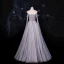 Fashion Grey Dancing Prom Dresses 2021 A-Line / Princess See-through One-Shoulder Short Sleeve Beading Pearl Glitter Tulle Floor-Length / Long Ruffle Backless Formal Dresses