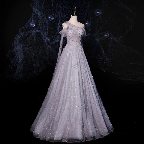 Fashion Grey Dancing Prom Dresses 2021 A-Line / Princess See-through One-Shoulder Short Sleeve Beading Pearl Glitter Tulle Floor-Length / Long Ruffle Backless Formal Dresses