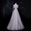 Fashion Grey Dancing Prom Dresses 2021 A-Line / Princess See-through One-Shoulder Short Sleeve Beading Pearl Glitter Tulle Floor-Length / Long Ruffle Backless Formal Dresses
