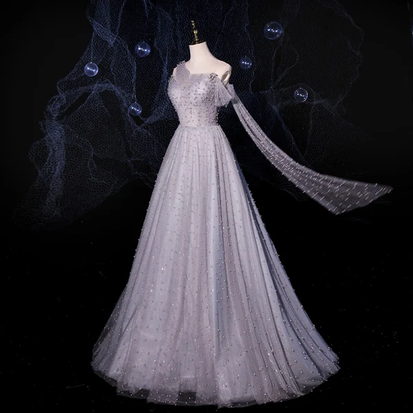 Fashion Grey Dancing Prom Dresses 2021 A-Line / Princess See-through One-Shoulder Short Sleeve Beading Pearl Glitter Tulle Floor-Length / Long Ruffle Backless Formal Dresses