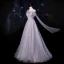 Fashion Grey Dancing Prom Dresses 2021 A-Line / Princess See-through One-Shoulder Short Sleeve Beading Pearl Glitter Tulle Floor-Length / Long Ruffle Backless Formal Dresses