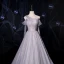 Fashion Grey Dancing Prom Dresses 2021 A-Line / Princess See-through One-Shoulder Short Sleeve Beading Pearl Glitter Tulle Floor-Length / Long Ruffle Backless Formal Dresses