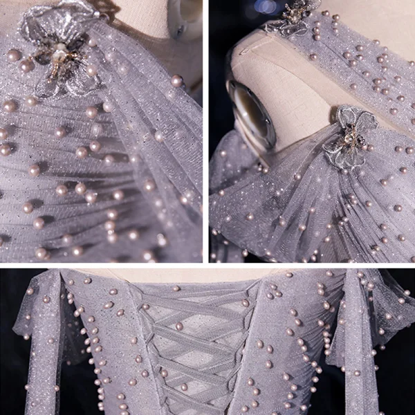 Fashion Grey Dancing Prom Dresses 2021 A-Line / Princess See-through One-Shoulder Short Sleeve Beading Pearl Glitter Tulle Floor-Length / Long Ruffle Backless Formal Dresses