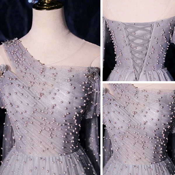 Fashion Grey Dancing Prom Dresses 2021 A-Line / Princess See-through One-Shoulder Short Sleeve Beading Pearl Glitter Tulle Floor-Length / Long Ruffle Backless Formal Dresses
