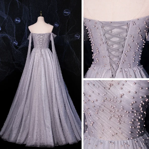 Fashion Grey Dancing Prom Dresses 2021 A-Line / Princess See-through One-Shoulder Short Sleeve Beading Pearl Glitter Tulle Floor-Length / Long Ruffle Backless Formal Dresses