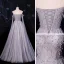 Fashion Grey Dancing Prom Dresses 2021 A-Line / Princess See-through One-Shoulder Short Sleeve Beading Pearl Glitter Tulle Floor-Length / Long Ruffle Backless Formal Dresses