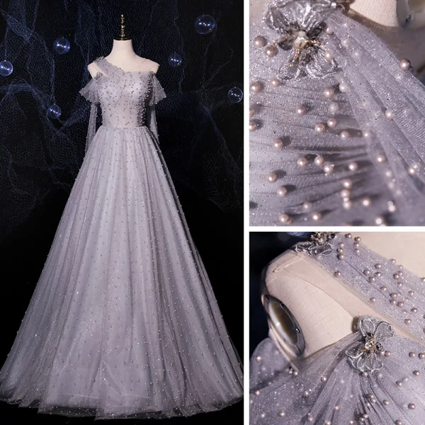 Fashion Grey Dancing Prom Dresses 2021 A-Line / Princess See-through One-Shoulder Short Sleeve Beading Pearl Glitter Tulle Floor-Length / Long Ruffle Backless Formal Dresses