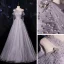 Fashion Grey Dancing Prom Dresses 2021 A-Line / Princess See-through One-Shoulder Short Sleeve Beading Pearl Glitter Tulle Floor-Length / Long Ruffle Backless Formal Dresses