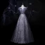 Chic / Beautiful Silver Dancing Prom Dresses 2021 A-Line / Princess Off-The-Shoulder Short Sleeve Backless Appliques Lace Beading Glitter Printing Tulle Floor-Length / Long Ruffle Formal Dresses