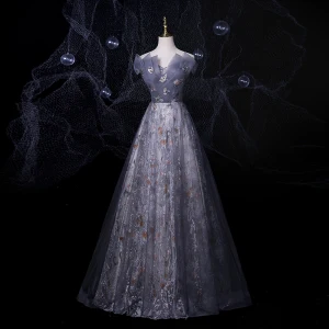 Chic Belle Argenté Dansant Robe De Bal 2021 Princesse De L 039 Épaule Manches Courtes Dos Nu Appliques En Dentelle Perlage Glitter Impression Tulle Longue Volants Robe De Ceremonie