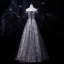 Chic / Beautiful Silver Dancing Prom Dresses 2021 A-Line / Princess Off-The-Shoulder Short Sleeve Backless Appliques Lace Beading Glitter Printing Tulle Floor-Length / Long Ruffle Formal Dresses