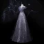 Chic / Beautiful Silver Dancing Prom Dresses 2021 A-Line / Princess Off-The-Shoulder Short Sleeve Backless Appliques Lace Beading Glitter Printing Tulle Floor-Length / Long Ruffle Formal Dresses