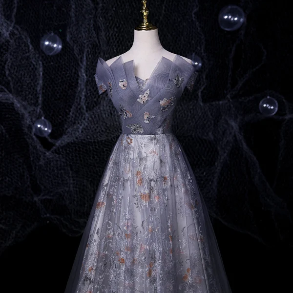 Chic / Beautiful Silver Dancing Prom Dresses 2021 A-Line / Princess Off-The-Shoulder Short Sleeve Backless Appliques Lace Beading Glitter Printing Tulle Floor-Length / Long Ruffle Formal Dresses