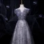 Chic / Beautiful Silver Dancing Prom Dresses 2021 A-Line / Princess Off-The-Shoulder Short Sleeve Backless Appliques Lace Beading Glitter Printing Tulle Floor-Length / Long Ruffle Formal Dresses
