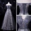 Chic / Beautiful Silver Dancing Prom Dresses 2021 A-Line / Princess Off-The-Shoulder Short Sleeve Backless Appliques Lace Beading Glitter Printing Tulle Floor-Length / Long Ruffle Formal Dresses