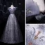 Chic / Beautiful Silver Dancing Prom Dresses 2021 A-Line / Princess Off-The-Shoulder Short Sleeve Backless Appliques Lace Beading Glitter Printing Tulle Floor-Length / Long Ruffle Formal Dresses
