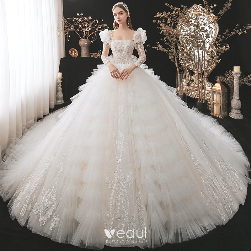 Ball Gown Wedding Dress 594, Removable Sleeves Wedding Dress, Bridal Gown,  Cathedral Wedding Dress 