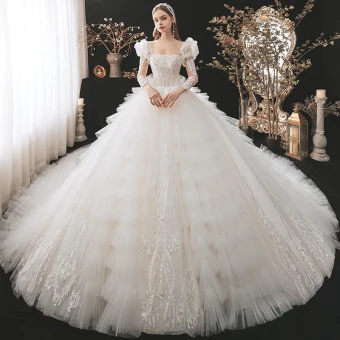 Vintage Retro Champagne Bridal Wedding Dresses 2021 Ball Gown Square Neckline Detachable Puffy Long Sleeve Backless Appliques Lace Beading Cathedral Train Cascading Ruffles