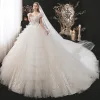 Vintage / Retro Champagne Bridal Wedding Dresses 2021 Ball Gown Square Neckline Detachable Puffy Long Sleeve Backless Appliques Lace Beading Cathedral Train Cascading Ruffles