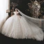 Vintage Champagner Hochzeits Brautkleider / Hochzeitskleider 2021 Ballkleid Eckiger Ausschnitt Abnehmbar Geschwollenes Lange Ärmel Rückenfreies Applikationen Spitze Perlenstickerei Kathedrale Schleppe Fallende Rüsche