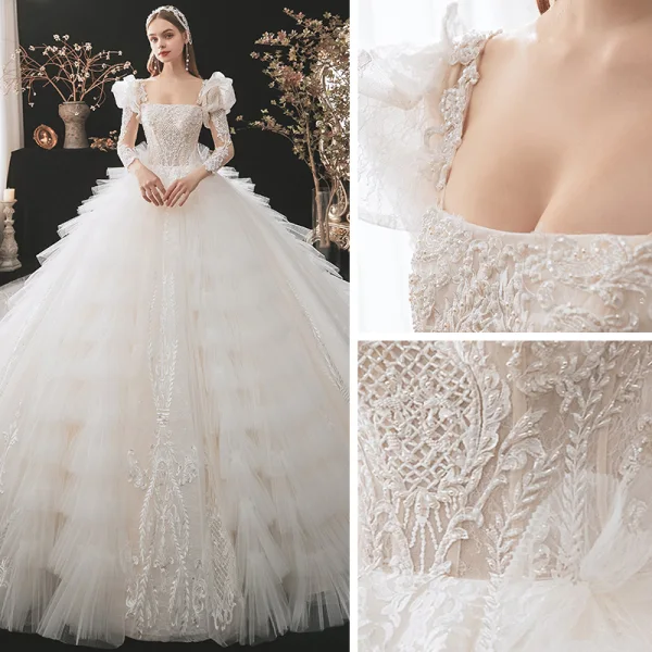 Vintage Champagner Hochzeits Brautkleider / Hochzeitskleider 2021 Ballkleid Eckiger Ausschnitt Abnehmbar Geschwollenes Lange Ärmel Rückenfreies Applikationen Spitze Perlenstickerei Kathedrale Schleppe Fallende Rüsche