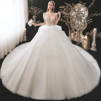 Illusion Champagne La Mariée Robe De Mariée 2021 Robe Boule Transparentes Encolure Dégagée Manches Courtes Dos Nu Paillettes Perlage Glitter Tulle Cathedral Train Volants