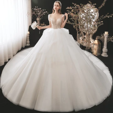 Illusion Champagne Bridal Wedding Dresses 2021 Ball Gown See Through Scoop Neck Short Sleeve Backless Sequins Beading Glitter Tulle Cathedral Train Ruffle