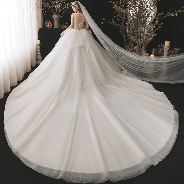 Illusion Champagne La Mariée Robe De Mariée 2021 Robe Boule Transparentes Encolure Dégagée Manches Courtes Dos Nu Paillettes Perlage Glitter Tulle Cathedral Train Volants