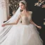 Illusion Champagne La Mariée Robe De Mariée 2021 Robe Boule Transparentes Encolure Dégagée Manches Courtes Dos Nu Paillettes Perlage Glitter Tulle Cathedral Train Volants