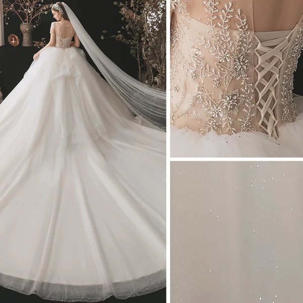 Illusion Champagne La Mariée Robe De Mariée 2021 Robe Boule Transparentes Encolure Dégagée Manches Courtes Dos Nu Paillettes Perlage Glitter Tulle Cathedral Train Volants