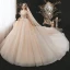 Charmant Champagne Transparentes La Mariée Robe De Mariée 2021 Robe Boule De l'épaule Manches Courtes Dos Nu Appliques En Dentelle Paillettes Perlage Glitter Tulle Cathedral Train Volants
