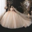 Charmant Champagne Transparentes La Mariée Robe De Mariée 2021 Robe Boule De l'épaule Manches Courtes Dos Nu Appliques En Dentelle Paillettes Perlage Glitter Tulle Cathedral Train Volants