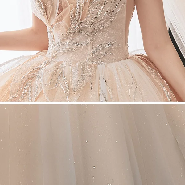 Charmant Champagne Transparentes La Mariée Robe De Mariée 2021 Robe Boule De l'épaule Manches Courtes Dos Nu Appliques En Dentelle Paillettes Perlage Glitter Tulle Cathedral Train Volants