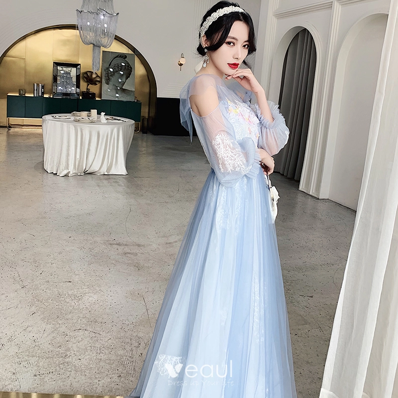 Victorian Style Sky Blue Dancing Prom Dresses 2021 A-Line / Princess  See-through Scoop Neck Puffy