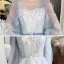 Style Victorien Bleu Ciel Dansant Robe De Bal 2021 Princesse Transparentes Encolure Dégagée Gonflée Manches Longues Appliques En Dentelle Perlage Faux Diamant Longue Volants Dos Nu Robe De Ceremonie