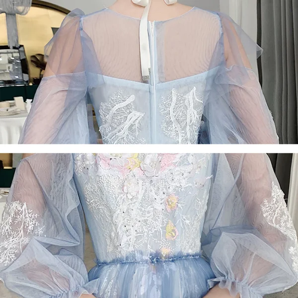 Style Victorien Bleu Ciel Dansant Robe De Bal 2021 Princesse Transparentes Encolure Dégagée Gonflée Manches Longues Appliques En Dentelle Perlage Faux Diamant Longue Volants Dos Nu Robe De Ceremonie