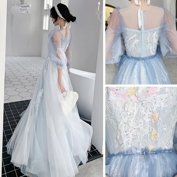 Style Victorien Bleu Ciel Dansant Robe De Bal 2021 Princesse Transparentes Encolure Dégagée Gonflée Manches Longues Appliques En Dentelle Perlage Faux Diamant Longue Volants Dos Nu Robe De Ceremonie