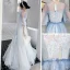 Style Victorien Bleu Ciel Dansant Robe De Bal 2021 Princesse Transparentes Encolure Dégagée Gonflée Manches Longues Appliques En Dentelle Perlage Faux Diamant Longue Volants Dos Nu Robe De Ceremonie